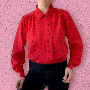 Vintage 1980s Fashion Attitudes Red Black Starburst Pleated Placket Blouse